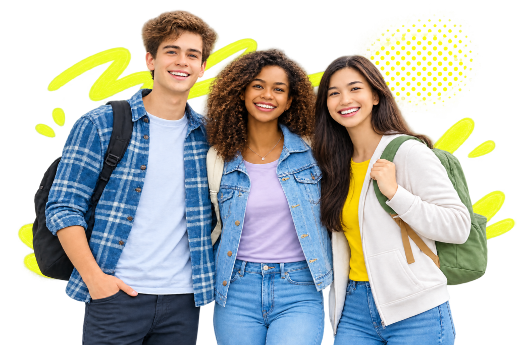 Three smiling students with backpacks