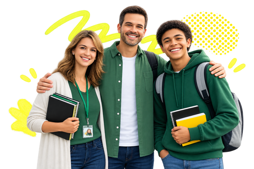 Smiling diverse students and teacher