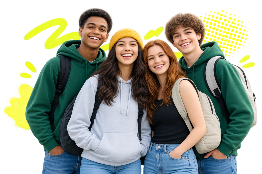 Four smiling teenagers with backpacks