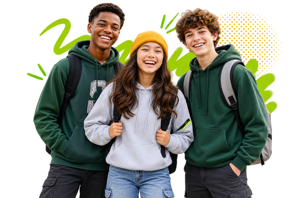 Three smiling teens with backpacks