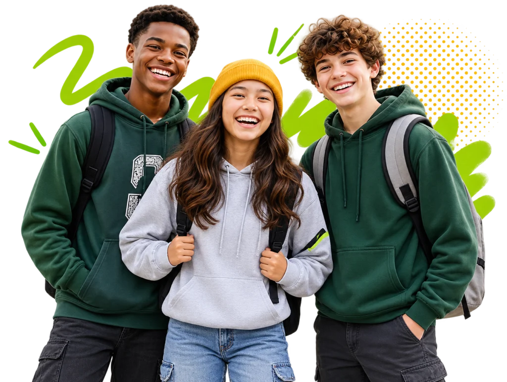 Three smiling teenagers with backpacks